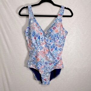 Dolfin One-Piece Aquashape Women's Swimsuit Size 12 White w/ Multicolor Print